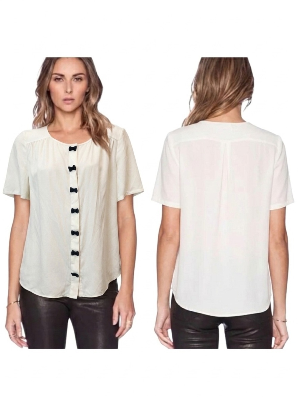 Kate Spade Silk Blouse White Black Bows Relaxed Lightweight Preppy Top 6 Button